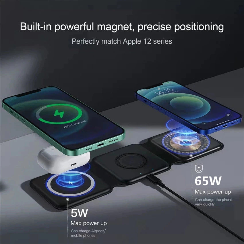 Cargador cargando iPhone, AirPods y Apple Watch a la vez