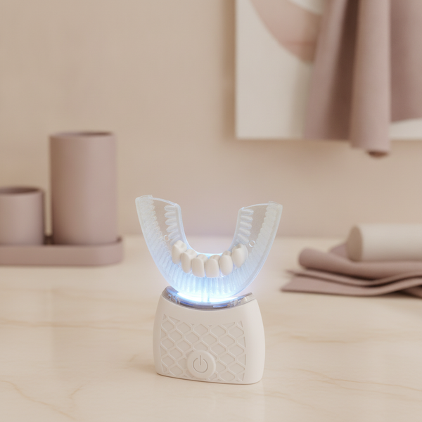 Close-up of a U-Type sonic electric toothbrush head on a cream vanity, subtly cradling a sculptural representation of teeth, 