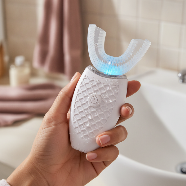 Close-up of a hand holding the U-Type Toothbrush, its blue cold light glowing as it whitens teeth against a blurred pale mauv