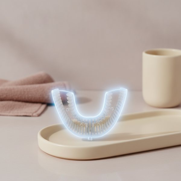 Close-up of a U-Type 360 Degrees Sonic Electric Toothbrush on a minimalist vanity, glowing subtly to suggest precision cleani