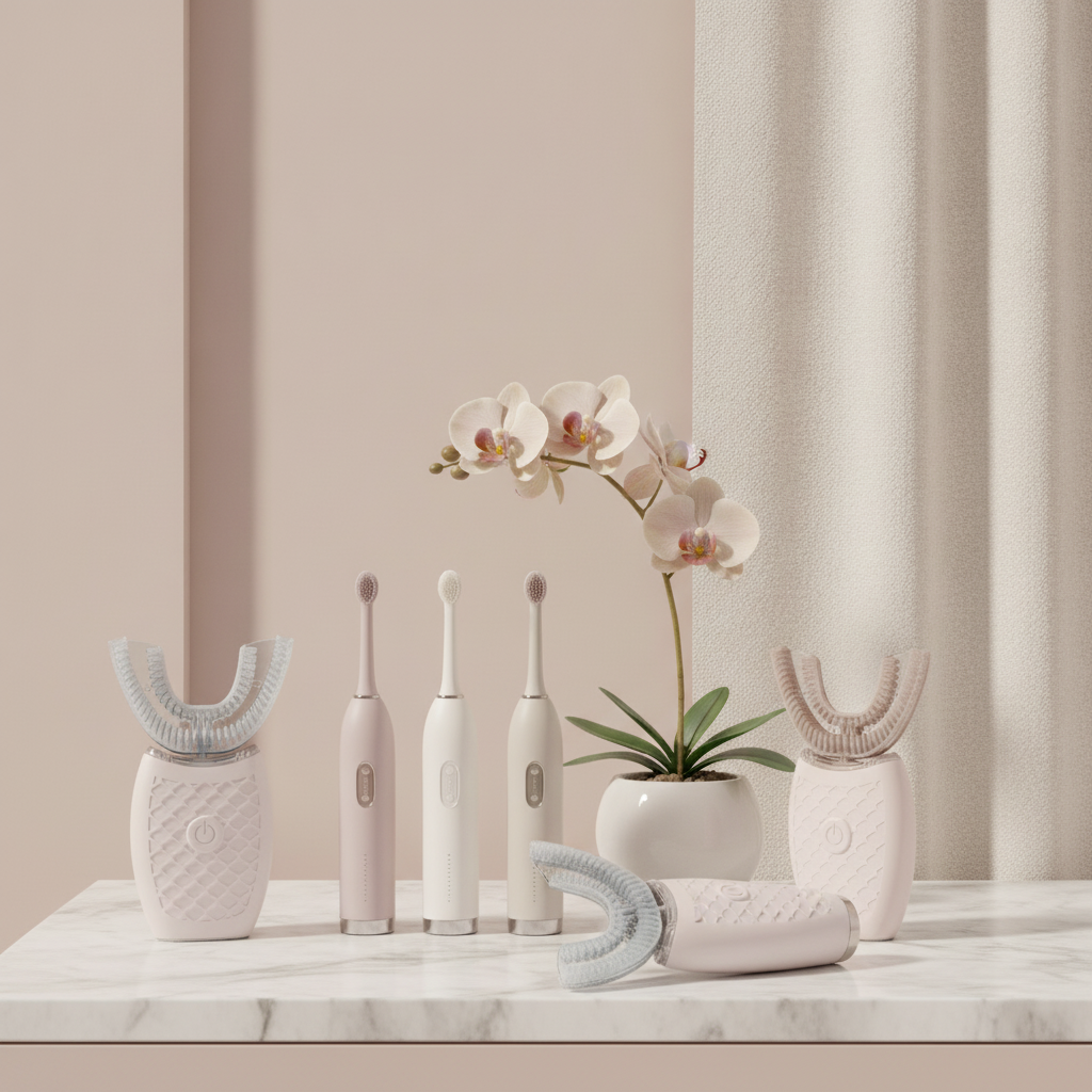 Multiple U-Type Toothbrushes arranged on a light surface in a modern bathroom, with a delicate orchid nearby. Soft, warm ligh