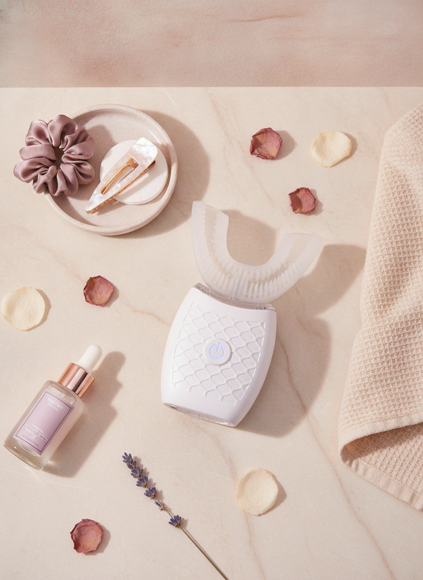 U-Type Sonic Electric Toothbrush flat-lay on a warm cream surface with pale mauve and dusty rose accents.